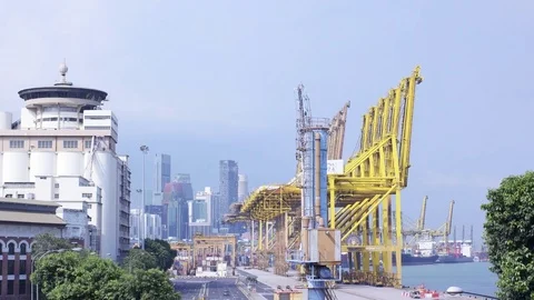 Time lapse video with zooming in camera motion of the Singapore port in Stock-Footage 85248791