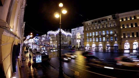 Time lapse view from above: Cristmas illuminated Nevsky prospect, St. Petersburg Stock Footage 70926214