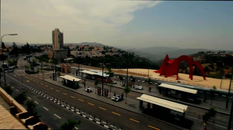 Time lapse .  view from above. tram terminus in Jerusalem Stock Footage 37041633
