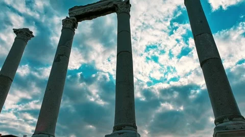 Time-lapse view of ancient columns and clouds - Agora of Smyrna Stock Footage 306355630