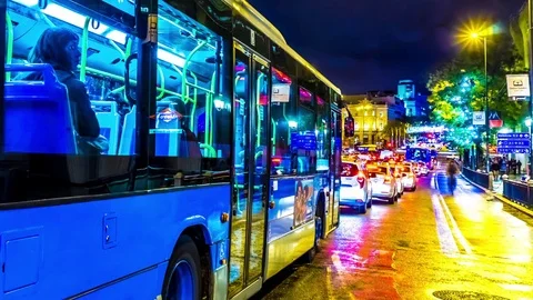 Time-lapse view on a busy road at night in the center of Madrid in Spain Stock-Footage 77038189