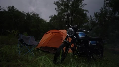 Time lapse view of camping in the forest with tents and motorbikes Stock Footage 262293259