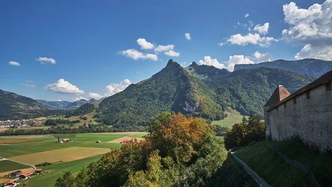 Time lapse view of a castle wall overlooking a valley in Chur Switzerland Stock Footage 122099464