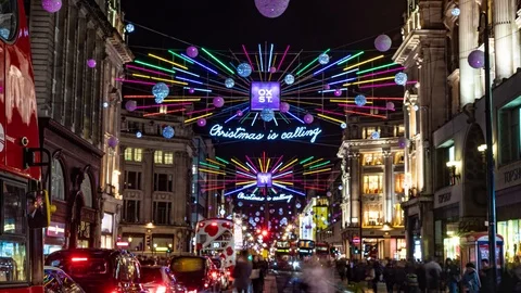 Time lapse view of Christmas lights and decoration in Oxford street in London Stock Footage 100665327