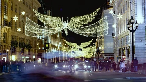 Time lapse view of Christmas lights and decorations in Regent street, London Stock Footage 100984384