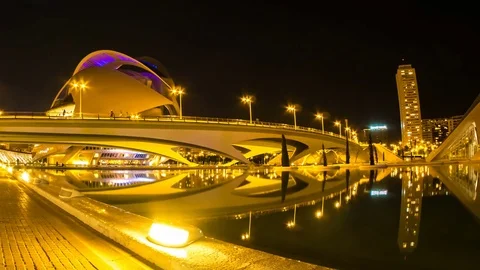 Time-lapse view on the city of Arts and Sciences at night in Valencia in Spain Stock Footage 76183859