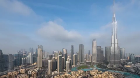 Time lapse view of the cityscape of Downtown Dubai with low clouds Stock Footage 265142478