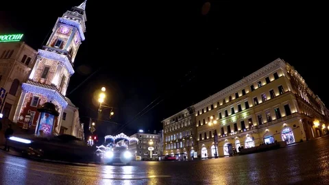 Time lapse view: Cristmas illuminated City Duma tower and Nevsky prospect, SPb Stock Footage 70925697