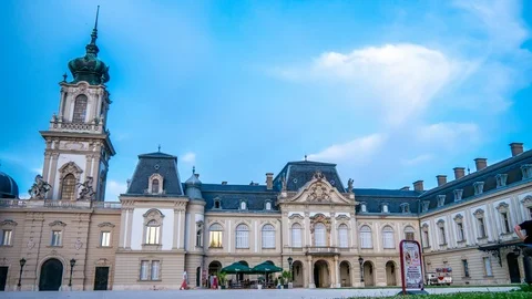 Time-lapse view on the Festetitcs Palace and the people in Keszthely on a cloudy Stock Footage 114240444