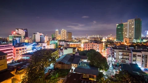 Time lapse view of Makati skyscrapers in Manila city. Skyline at night Stock Footage
