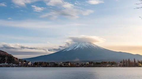 Time lapse view of Mount Fuji during sunset with moving clouds Stock Footage 295734865