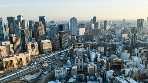 Time-lapse view of Osaka skyline from Umeda Sky building observatory Stock Footage 127613695