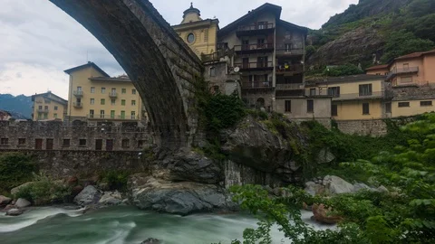 Time lapse view of the Roman bridge in Pont Saint Martin, Aosta valley Stock Footage 114215606