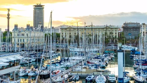 Time-lapse view on the Sunset in the harbour of Barcelona Stock Footage 76859052