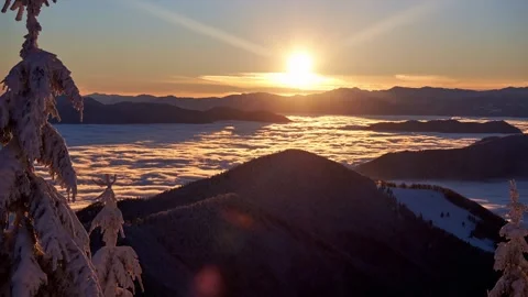 Time lapse view through snowy pine trees over cloud inversion and golden sunrise Vidéo 323386357