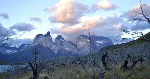 Time lapse view of Torres del Paine cloudy mountains , Patagonia, Chile Stock Footage 105888666