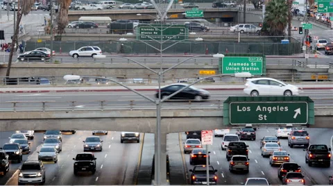 Time Lapse View of Traffic on Busy Freeway in Downtown Los Angeles Stock Footage 46863293