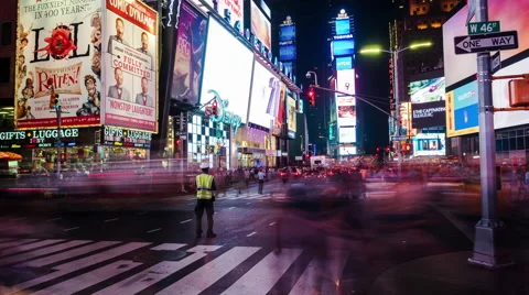 Time Lapse View of Traffic at Busy Times Square at Night, New York City, USA Stock Footage