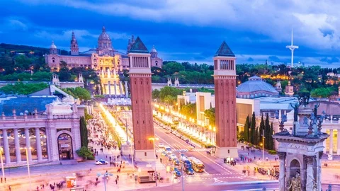 Time-lapse view on traffic on the Plaza Espana in Barcelona Stock Footage 89203199