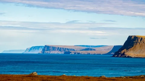 Time lapse view of volcanic mountains and fiords in West Iceland Stock Footage 116872972