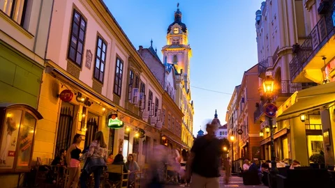 Time - lapse view on the walking street in the centre of Pecs at night Stock Footage 89481166