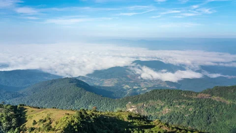 Time lapse view of white clouds slowly moving across the mountain Stock Footage 220440851