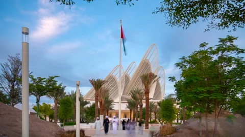 Time lapse of visitor in front of Zayed national museum during sunset Stock Footage 326214391