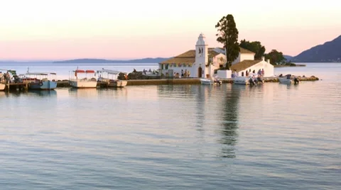 Time-lapse: Vlacherna monastery before sunset, Kanoni, Corfu, Greece Stock Footage 8511632