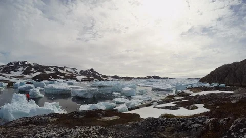 Time-lapse of white clouds floating over an icy river Stock Footage 113268787