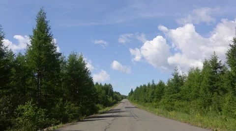 Time Lapse: white clouds fly over a road through the forest Stock Footage 40743632