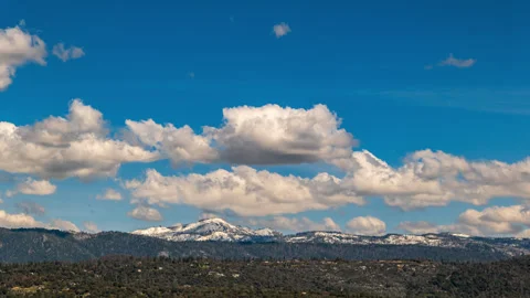 Time Lapse of White Fluffy Clouds Racing Above Snow Covered Peaks Stock Footage 278378377