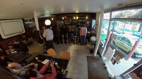 Time Lapse Wide Angle Bar Interior With Crowd And Street View Stock Footage 344372244