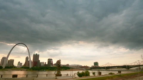 TIME-LAPSE WIDE ANGLE SHOT OF ST. LOUIS ARCH AND STORM CLOUDS APPROACHING Stock Footage 46411792