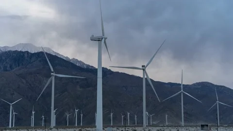 Time Lapse Windmill Farm in Palm Springs and San Jacinto Mountains Cloudy Sunset Stock Footage 169597893
