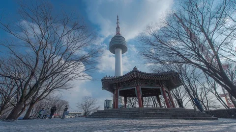 Time Lapse Winter Snow of N-Seoul Tower at Namsan in Seoul,South Korea Stock Footage 100276616