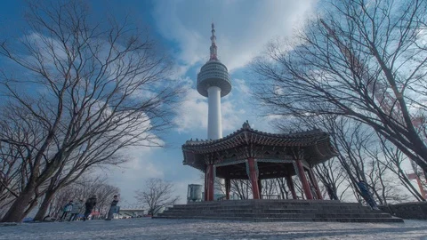 Time Lapse Winter Snow of N-Seoul Tower at Namsan in Seoul,South Korea Stock Footage 100276617