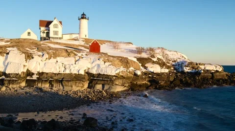 Time lapse of Winter Sunset at Nubble Light Stock Footage 53130005