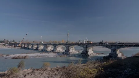 Time Lapse - Work in progress at Ponte della Priula in the morning - 4k Stock Footage 99081879