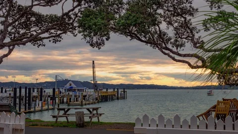 Time lapse of working wharf with ferries and tourists in Russell, New Zealand Stock Footage 114708774