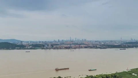Time lapse of yangtze river skyline in nanjing city,china ,cloudy day Stock Footage 77238353