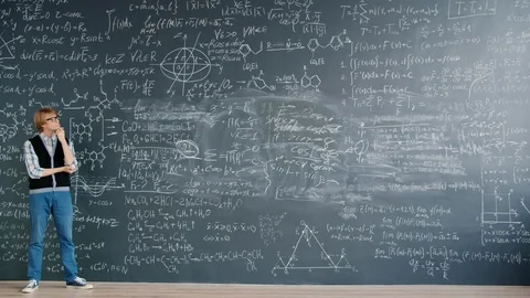 Time-lapse of young man scientist walking in class looking at chalkboard Stock Footage 124895394