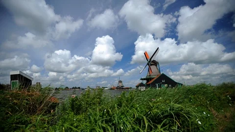 Time Lapse of Zaan River and Famous Windmills in Zaanse Schans Village Landmark Stock Footage 99390909