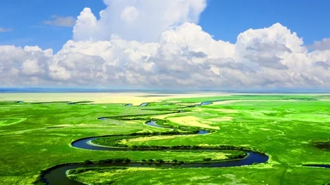 Time Lapse Zigzag Wetland Grassland Vast Sky Drifting White Cloud Inner Mongolia Stock Footage 337980904