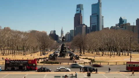 Time lapse zoom out shot of Downtown Philadelphia From The Art Museum Stock Footage 146351054