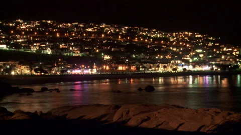 Time lapsed long shot of the beach front at night Stock Footage 310385802