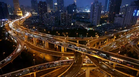 Time lapse,Shanghai Night Aerial View Car Traffic Jam on overpass Interchange. 스톡 동영상 33625710