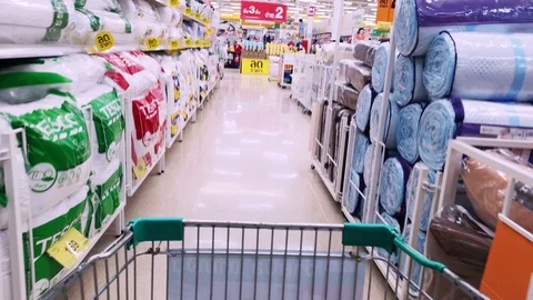 Time lapse,Shopping cart moving through supermarket aisles. Stock Footage 97104537