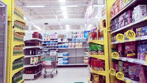 Time lapse,Shopping cart moving through supermarket aisles. Stock Footage 97104937