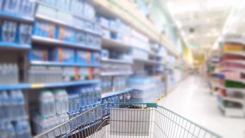Time lapse,Shopping cart moving through supermarket aisles. Stock Footage 117428645