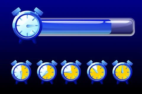 Time line bar, blue clock icons for game. Stock Illustration